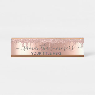 Rose Gold Glitter look Drips Handwritten Desk Name Plate