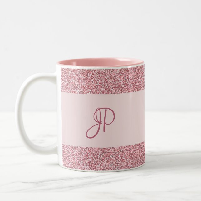 Rose Gold Glitter Look Monogrammed Trendy Template Two-Tone Coffee Mug (Left)
