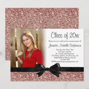 Rose Gold Glitter-look Ribbon Bow Photo Graduation Invitation