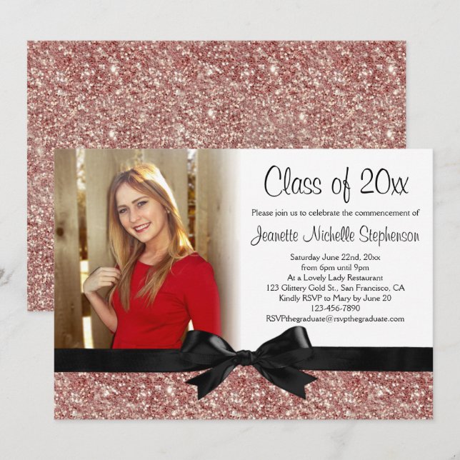 Rose Gold Glitter-look Ribbon Bow Photo Graduation Invitation (Front/Back)
