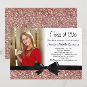 Rose Gold Glitter-look Ribbon Bow Photo Graduation Invitation