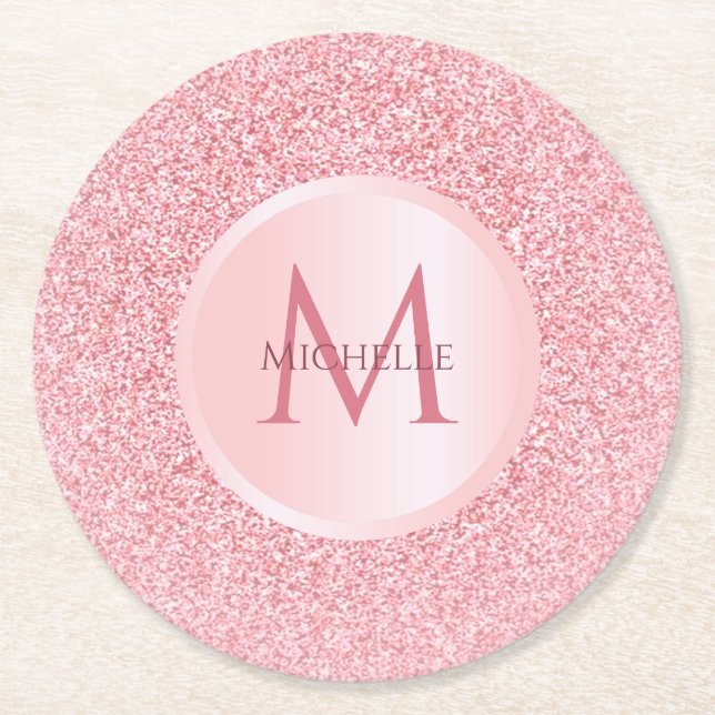 Rose Gold Glitter Look Template Stylish Girly Round Paper Coaster (Front)