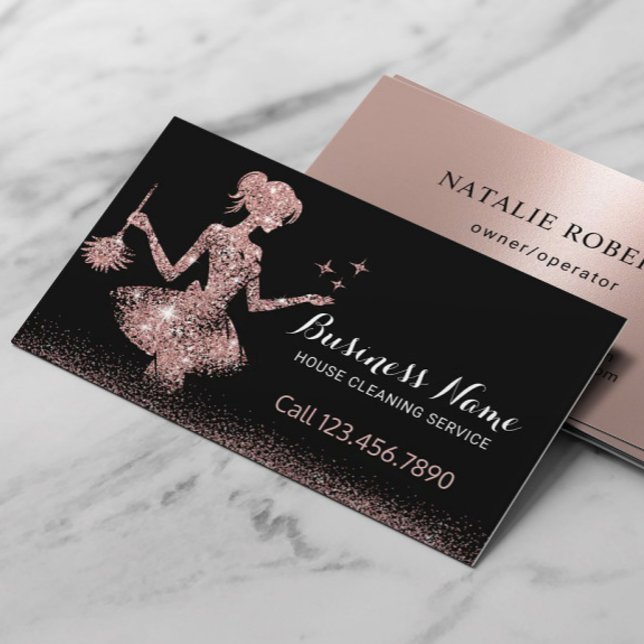 Rose Gold Glitter Maid Cleaning Housekeeping Business Card (Creator Uploaded)