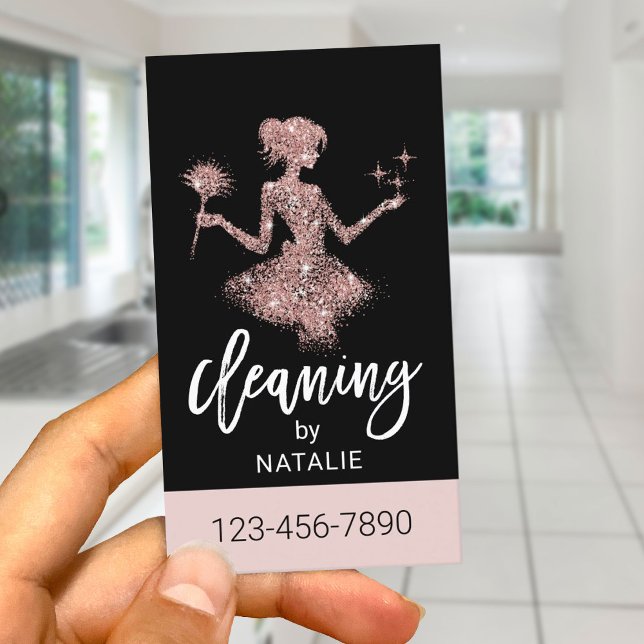 Rose Gold Glitter Maid House Cleaning Service Business Card (Creator Uploaded)