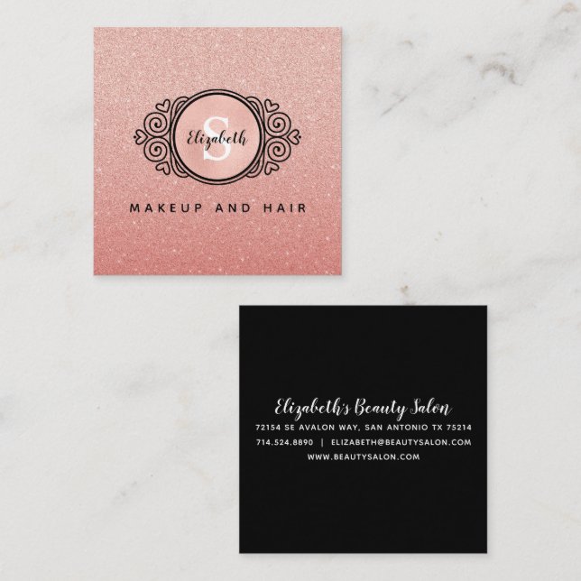 Rose Gold Glitter Makeup Artist Hair Salon Busines Square Business Card (Front/Back)