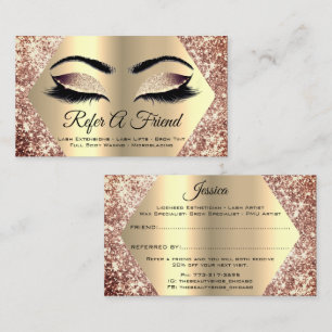 Rose Gold Glitter Makeup Artist Lash Refer Friend Business Card