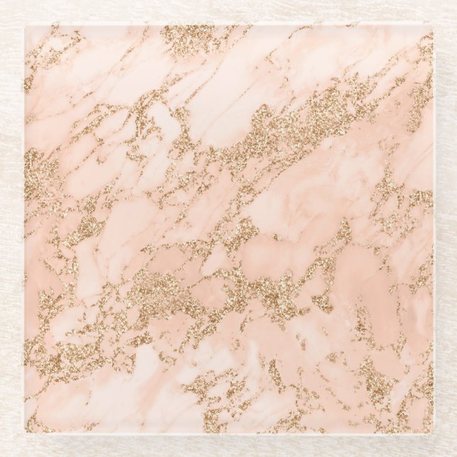 Rose gold glitter marble abstract glass coaster (Front)