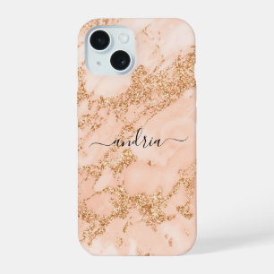 Rose Gold Glitter Marble, Black Script Name iPhone 15 Case