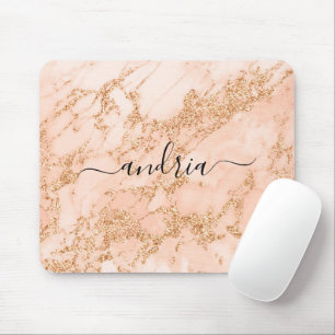 Rose Gold Glitter Marble, Black Script Name Mouse Mat
