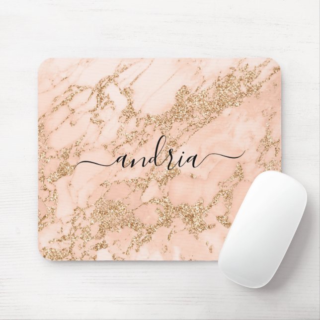 Rose Gold Glitter Marble, Black Script Name Mouse Mat (With Mouse)