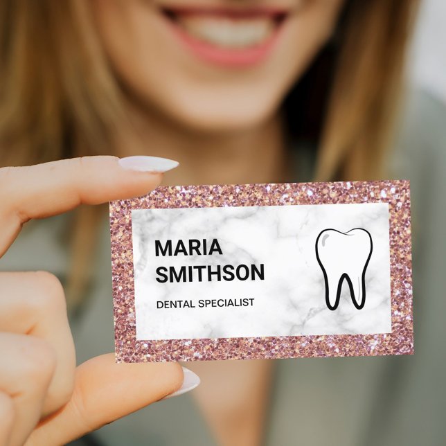 Rose Gold Glitter Marble Dental Clinic Dentist Business Card (Creator Uploaded)
