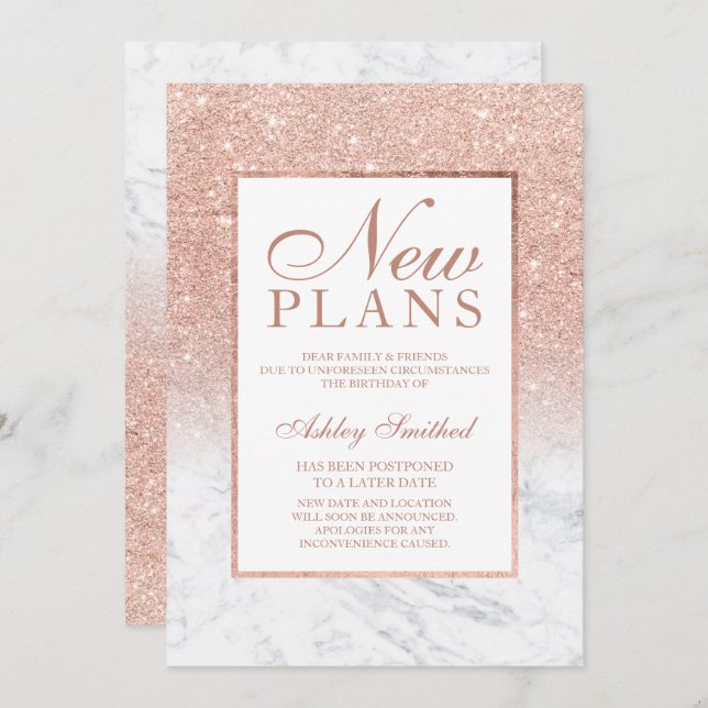 Rose gold glitter marble elegant chic new plans invitation (Front/Back)