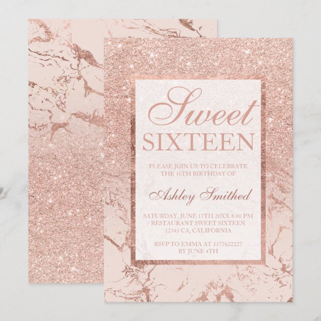Rose gold glitter marble elegant chic Sweet 16 Invitation (Front/Back)