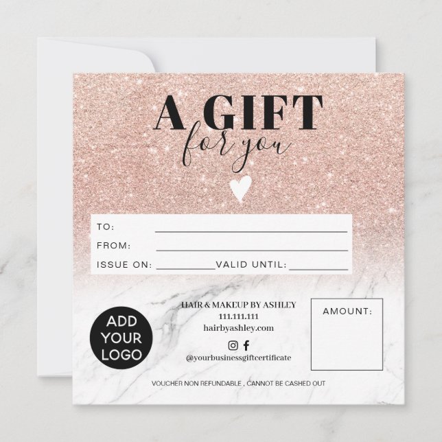 Rose gold glitter marble gift certificate logo (Front)