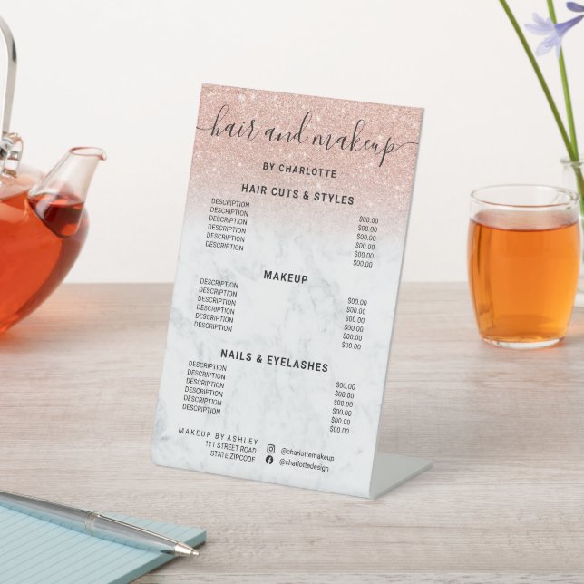 Rose gold glitter marble hair makeup salon price pedestal sign (In SItu)