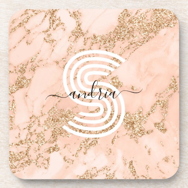 Rose Gold Glitter Marble, Script Name Wht Monogram Coaster (Front)