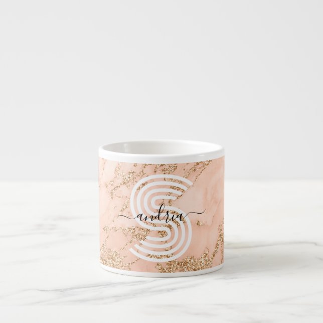 Rose Gold Glitter Marble, Script Name Wht Monogram Espresso Cup (Front)