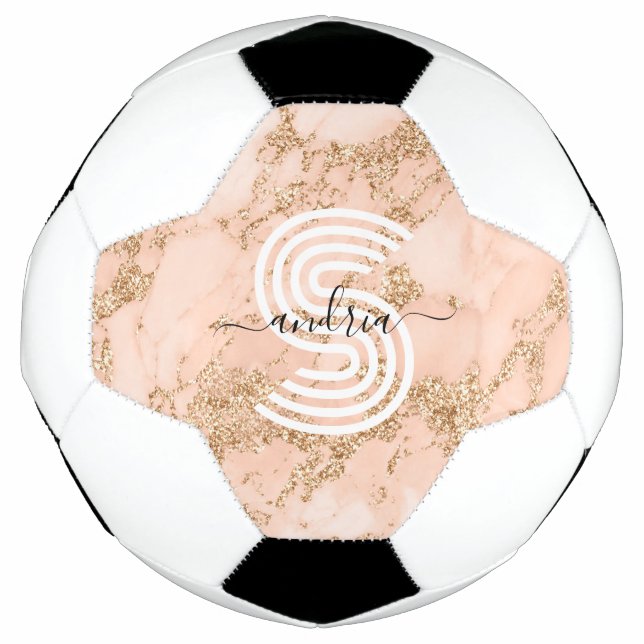 Rose Gold Glitter Marble, Script Name Wht Monogram Football (Front)