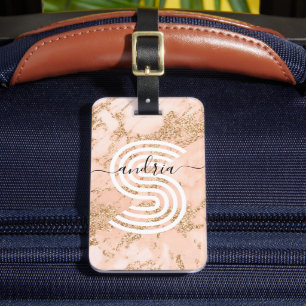 Rose Gold Glitter Marble, Script Name Wht Monogram Luggage Tag