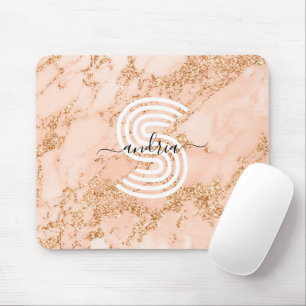 Rose Gold Glitter Marble, Script Name Wht Monogram Mouse Mat