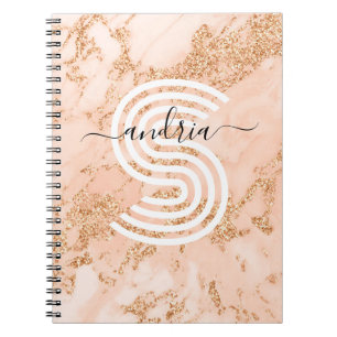 Rose Gold Glitter Marble, Script Name Wht Monogram Notebook