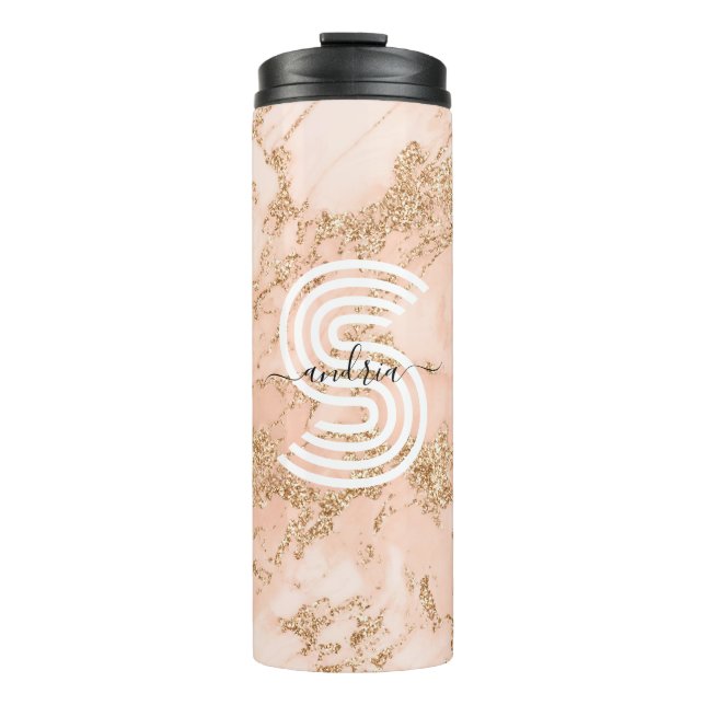 Rose Gold Glitter Marble, Script Name Wht Monogram Thermal Tumbler (Front)