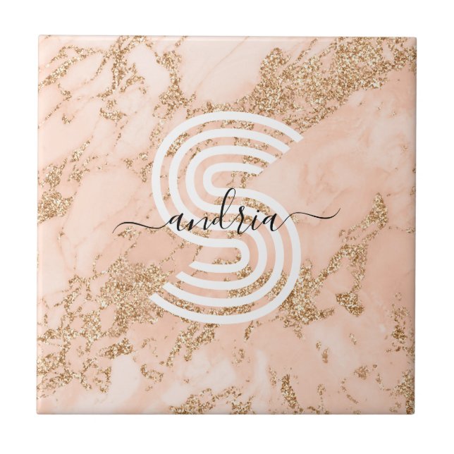 Rose Gold Glitter Marble, Script Name Wht Monogram Tile (Front)