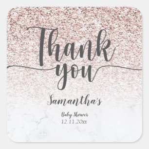 Rose Gold Glitter & Marble Thank you Square Sticker
