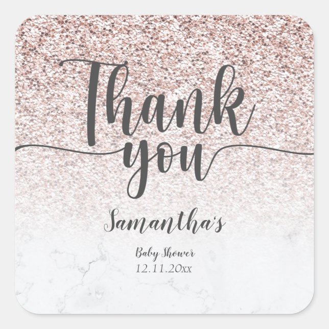 Rose Gold Glitter & Marble Thank you  Square Sticker (Front)