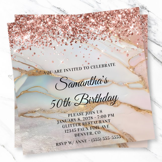 Rose Gold Glitter Marbled Opal 50th Birthday Invitation (Rose Gold Glitter Marbled Opal 50th Birthday Invitation)