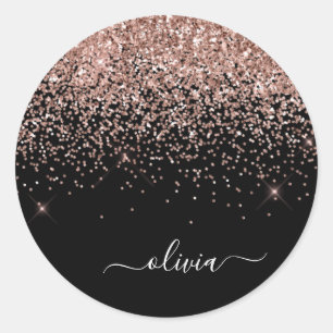 Rose Gold Glitter Metal Monogram Glam Name Classic Round Sticker