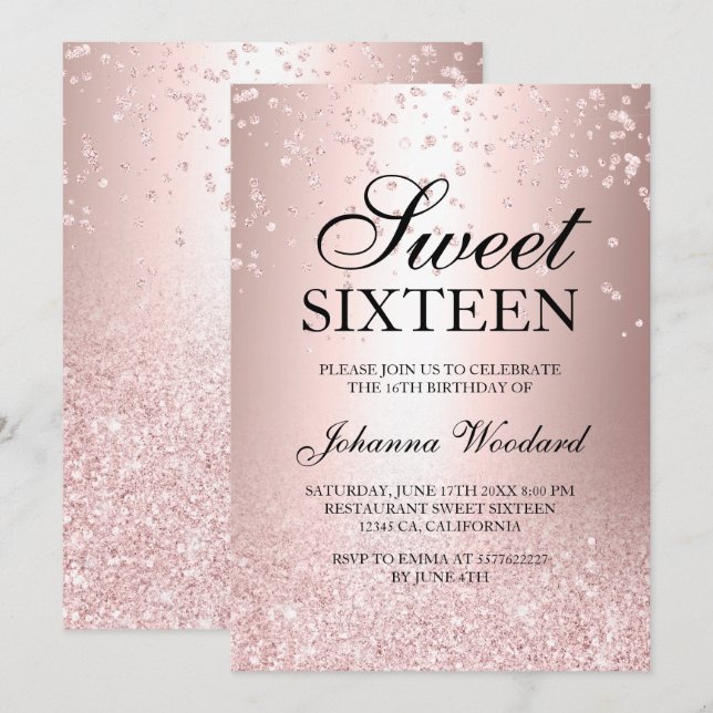 rose gold glitter metallic confetti Sweet 16 Invitation (Front/Back)