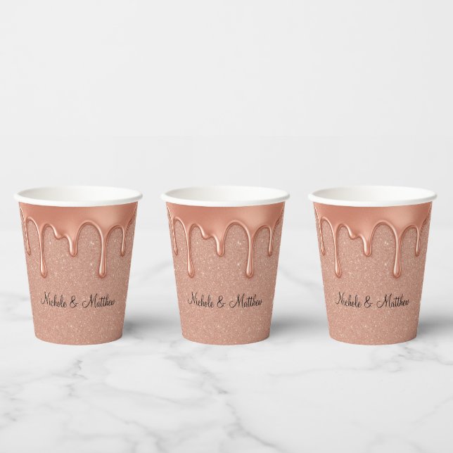 Rose Gold Glitter & Metallic Drips Wedding Paper Cups (Multi)