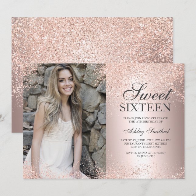 rose gold glitter metallic foil photo Sweet 16 Invitation (Front/Back)