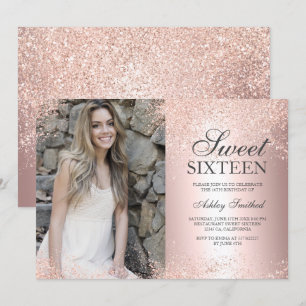 rose gold glitter metallic foil photo Sweet 16 Invitation