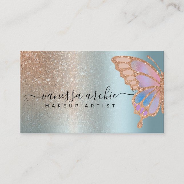 Rose Gold Glitter Metallic Foil Rainbow Butterfly  Business Card (Front)