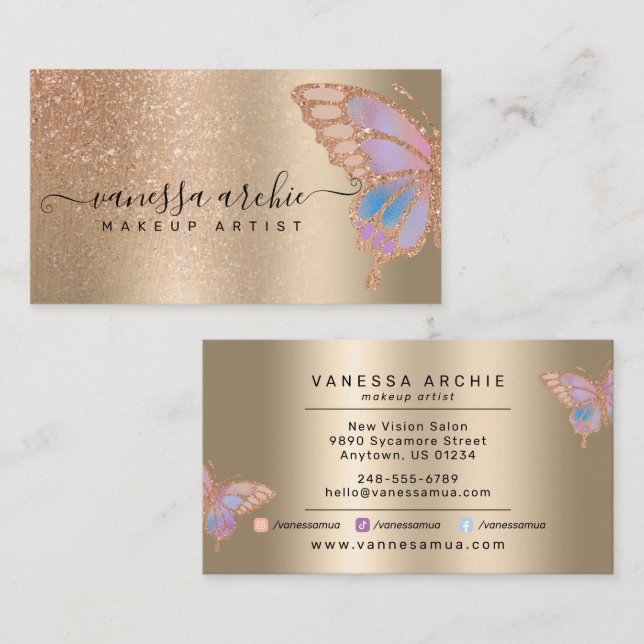 Rose Gold Glitter Metallic Foil Rainbow Butterfly  Business Card (Front/Back)