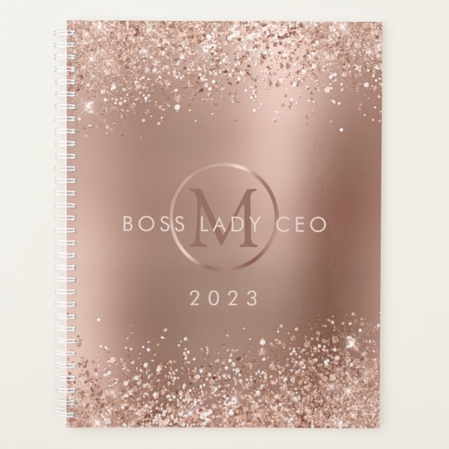 Rose Gold Glitter Metallic Monogram 2023 Boss Lady Planner (Front)