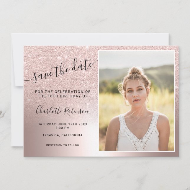 Rose gold glitter metallic ombre 3 photos Sweet 16 Save The Date (Front)