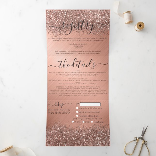 Rose Gold Glitter Metallic Registry Detail RSVP Tri-Fold Invitation (Inside)