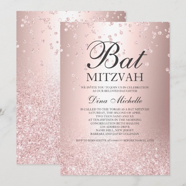 rose gold glitter metallic sparkle Bat Mitzvah Invitation (Front/Back)