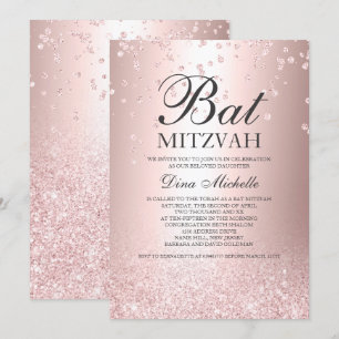 rose gold glitter metallic sparkle Bat Mitzvah Invitation