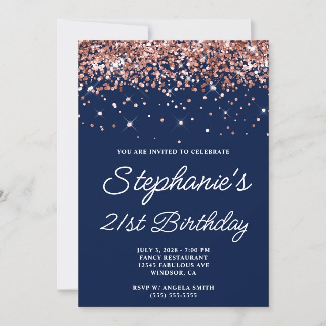 Rose Gold Glitter Midnight Blue 21st Birthday Invitation (Front)