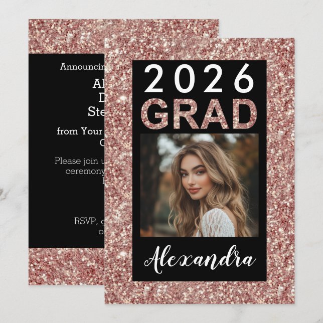 Rose Gold Glitter Modern 2021 Photo Graduation Invitation (Front/Back)