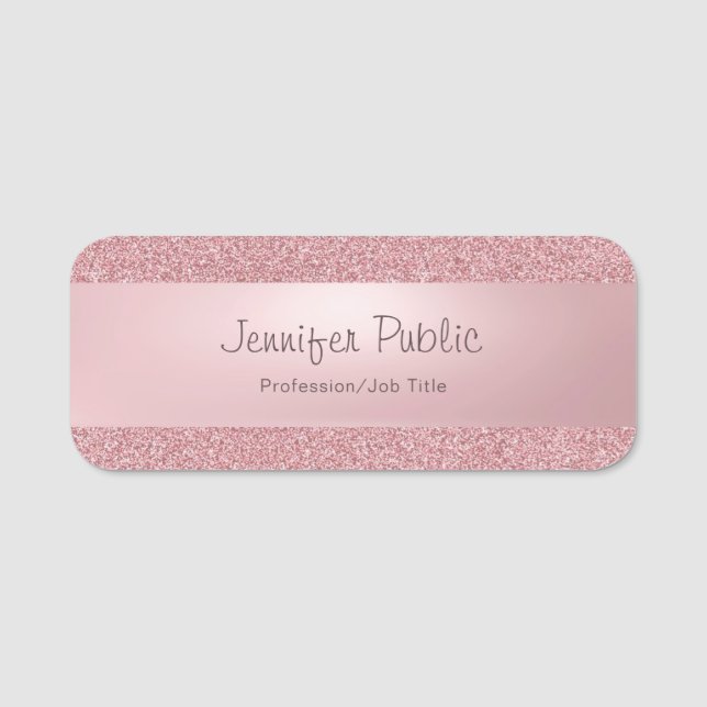 Rose Gold Glitter Modern Calligraphed Script Name Tag (Front)
