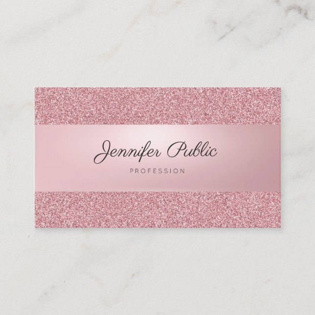 Rose Gold Glitter Modern Handwritten Text Elegant Business Card (Front)