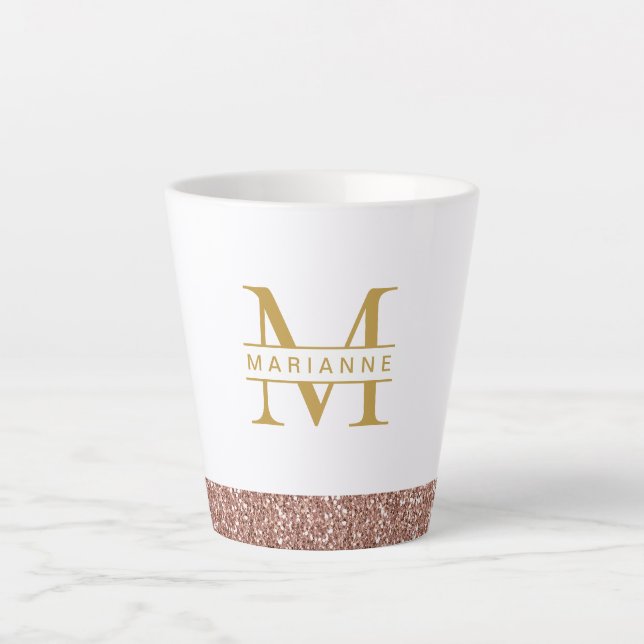 Rose Gold Glitter Modern Minimal Monogram Initial Latte Mug (Front)