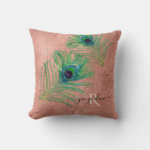 Rose Gold Glitter Modern Sparkle Peacock Feathers Cushion