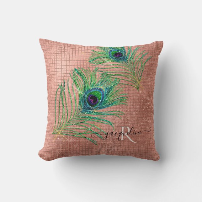 Rose Gold Glitter Modern Sparkle Peacock Feathers Cushion (Front)