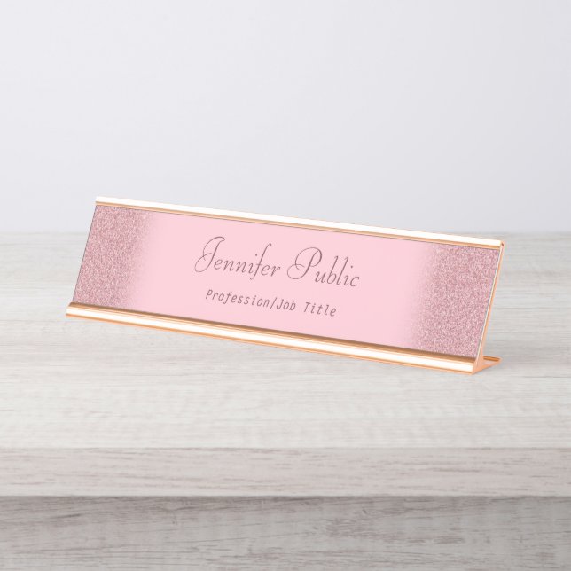 Rose Gold Glitter Modern Template Professional Desk Name Plate (Front)